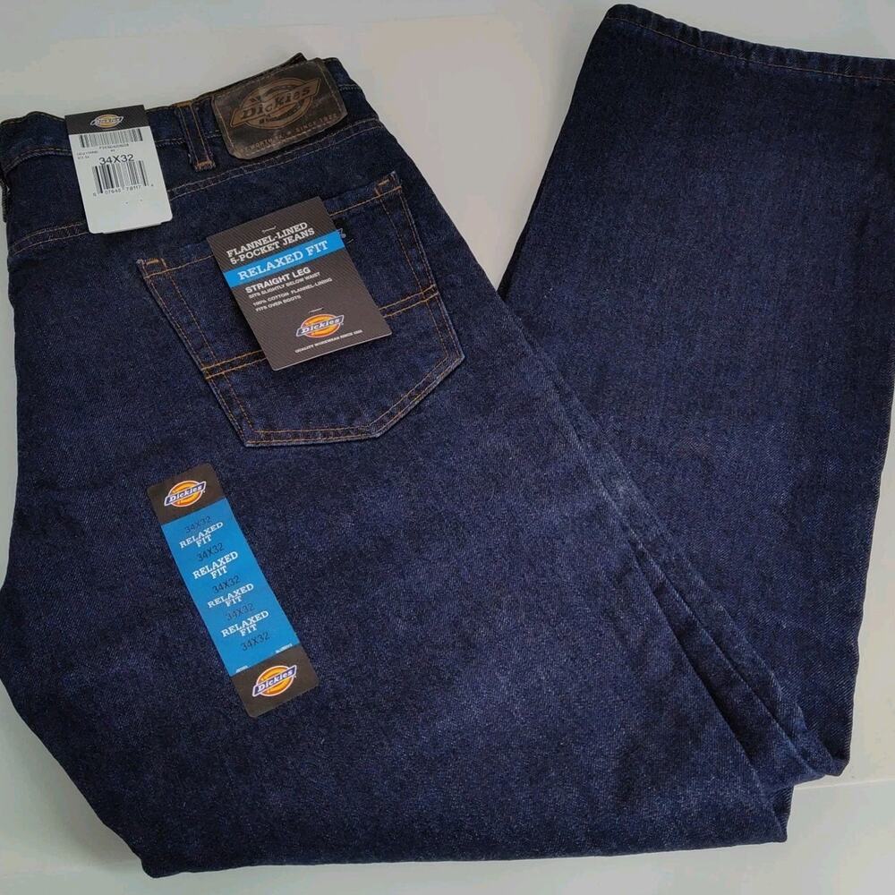 Dickies Flannel Lined Relaxed Fit Straight Leg Jeans 5-Pocket Dark Wash Blue NWT - Picture 1 of 11